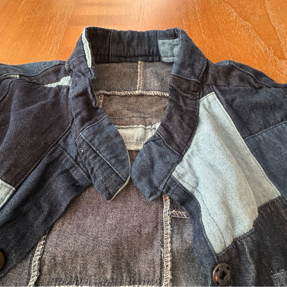 Patchwork Short Sleeve Two-Tone Denim Button-Up S… - image 8